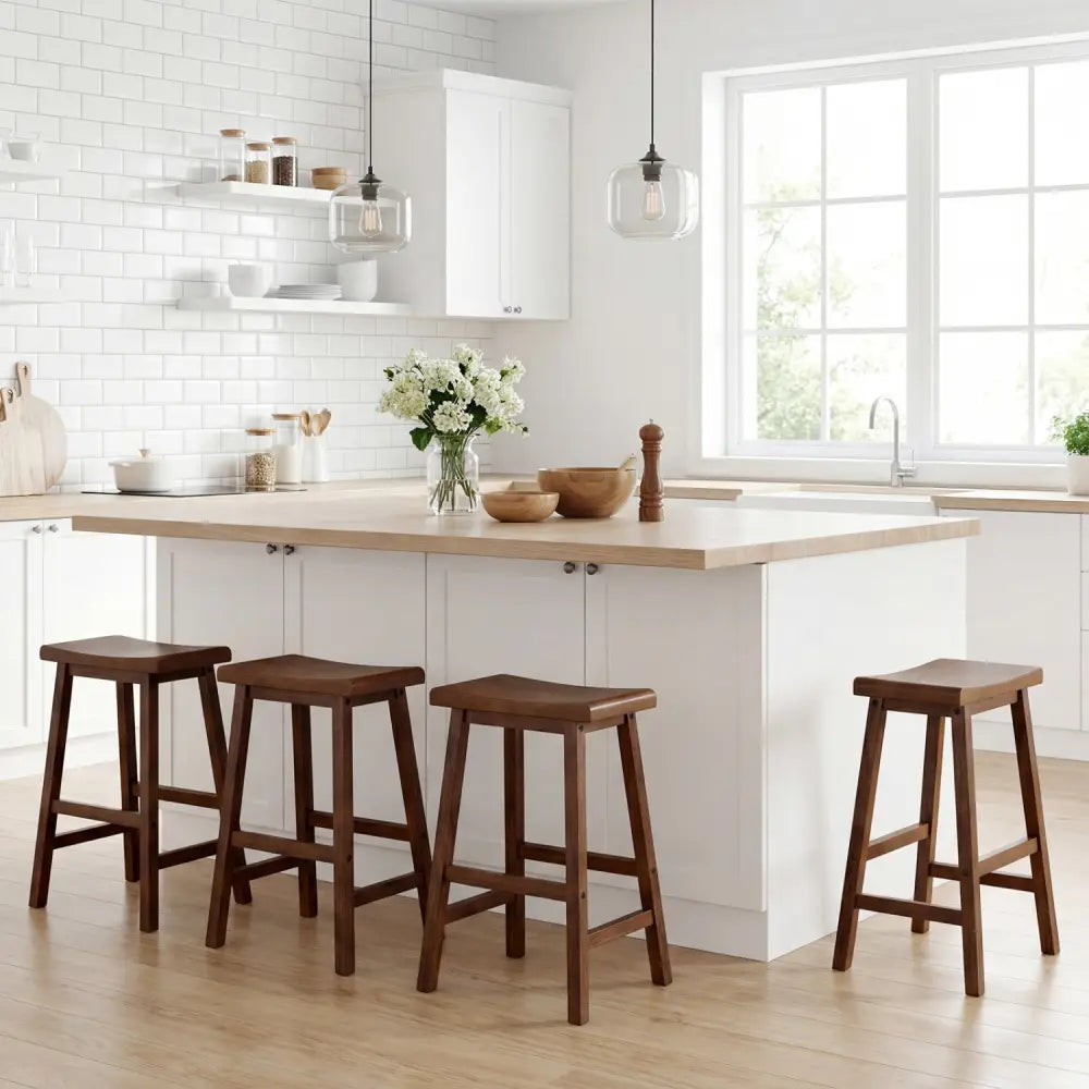 24 Inch Counter Height Stools Solid Wood Saddle Bar Stools Set of 2-Brown - Brown - Bar Stools