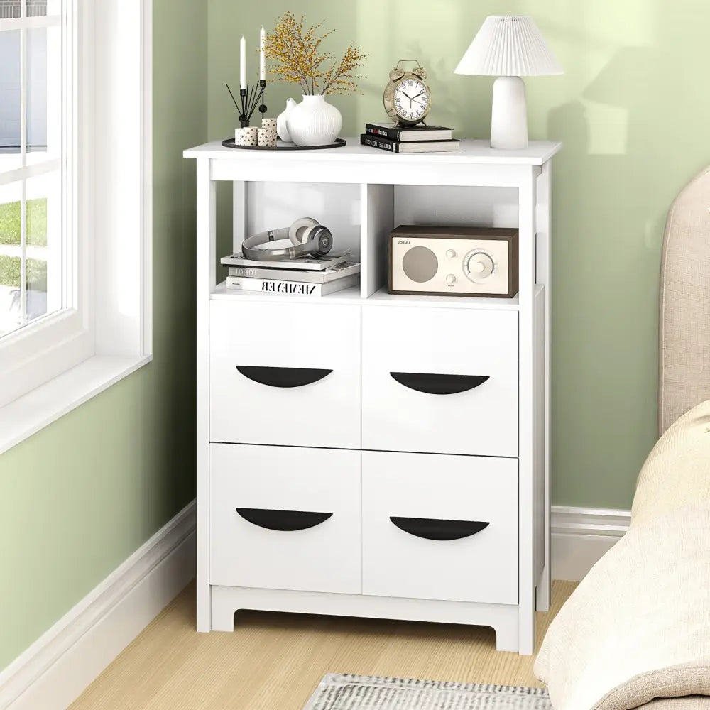 24 Inch Floor Cabinet with 2 Open Compartments and 2 Drawers-White - White - Floor Cabinets