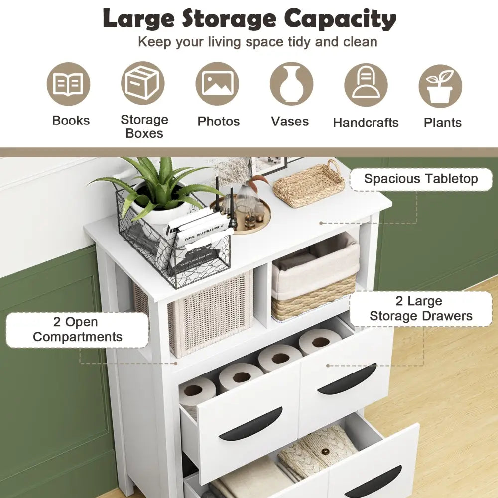 24 Inch Floor Cabinet with 2 Open Compartments and 2 Drawers-White - White - Floor Cabinets