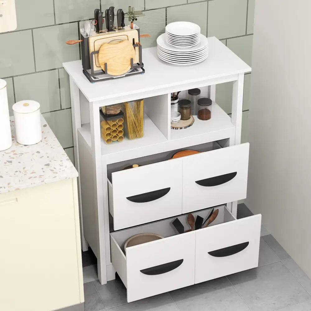 24 Inch Floor Cabinet with 2 Open Compartments and 2 Drawers-White - White - Floor Cabinets