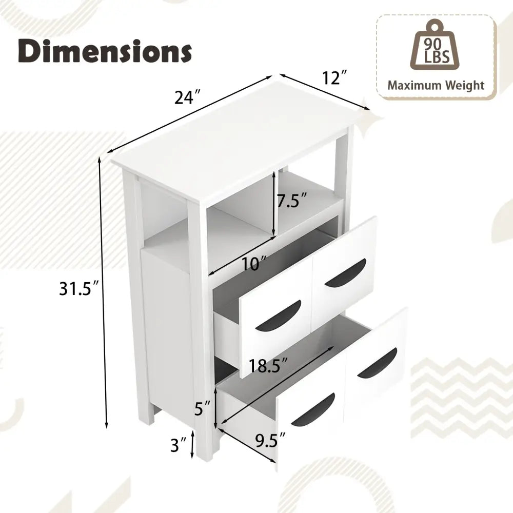 24 Inch Floor Cabinet with 2 Open Compartments and 2 Drawers-White - White - Floor Cabinets