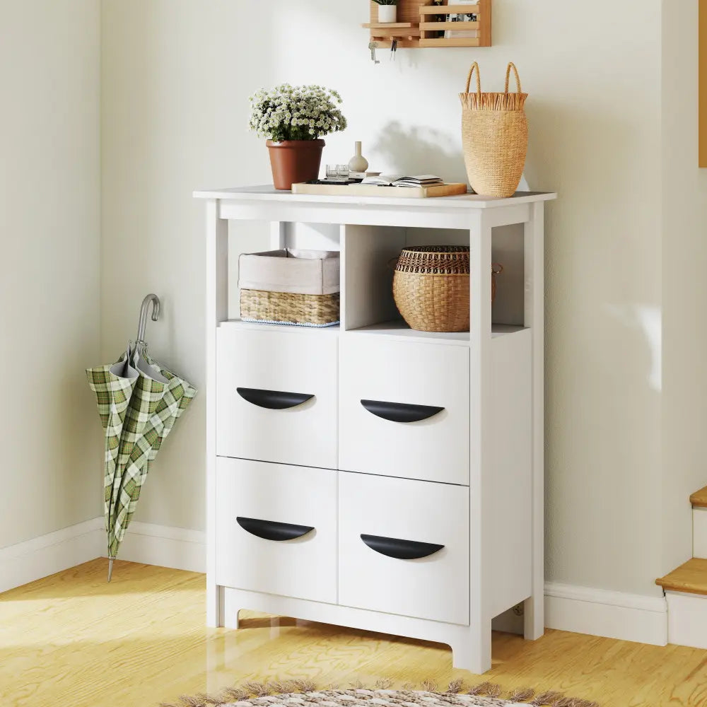 24 Inch Floor Cabinet with 2 Open Compartments and 2 Drawers-White - White - Floor Cabinets