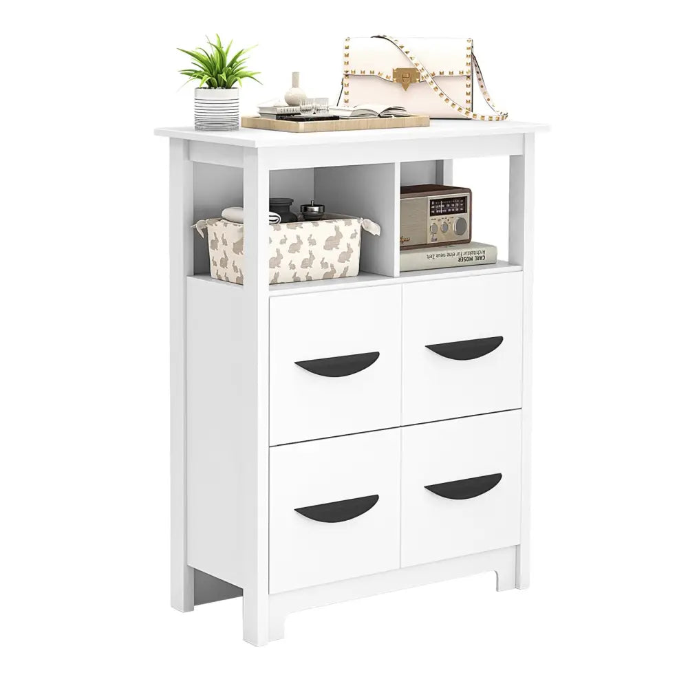 24 Inch Floor Cabinet with 2 Open Compartments and 2 Drawers-White - White - Floor Cabinets