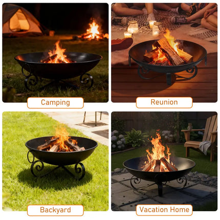 24 Inch Heavy-Duty Metal Fire Pit Bowl Outdoor Wood-Burning Firepit with Handles - Fire Pits