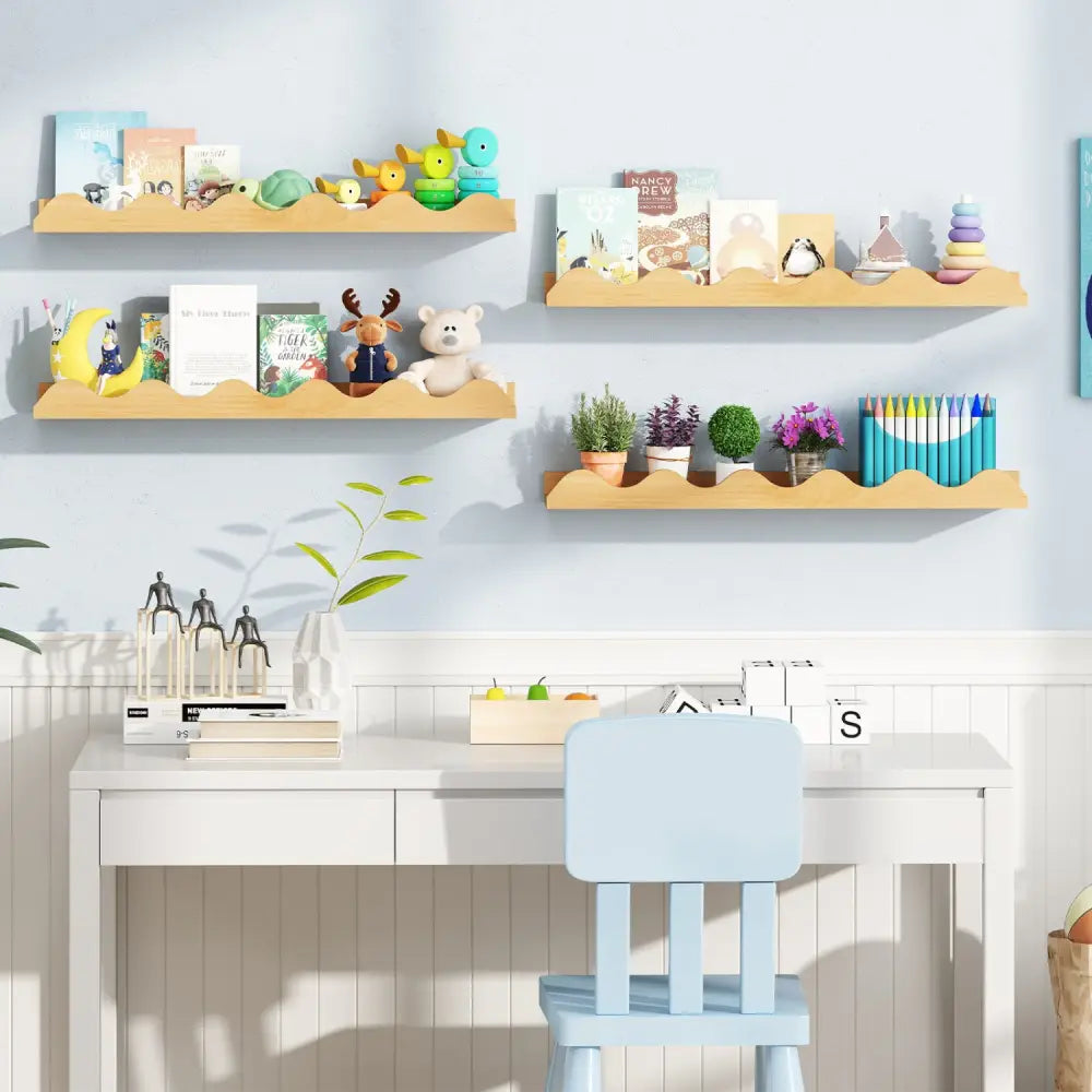 24 Inch Kids Bookshelf Set of 4 Wall-Mounted Picture Ledge Shelf-Natural - Natural - Bookcases