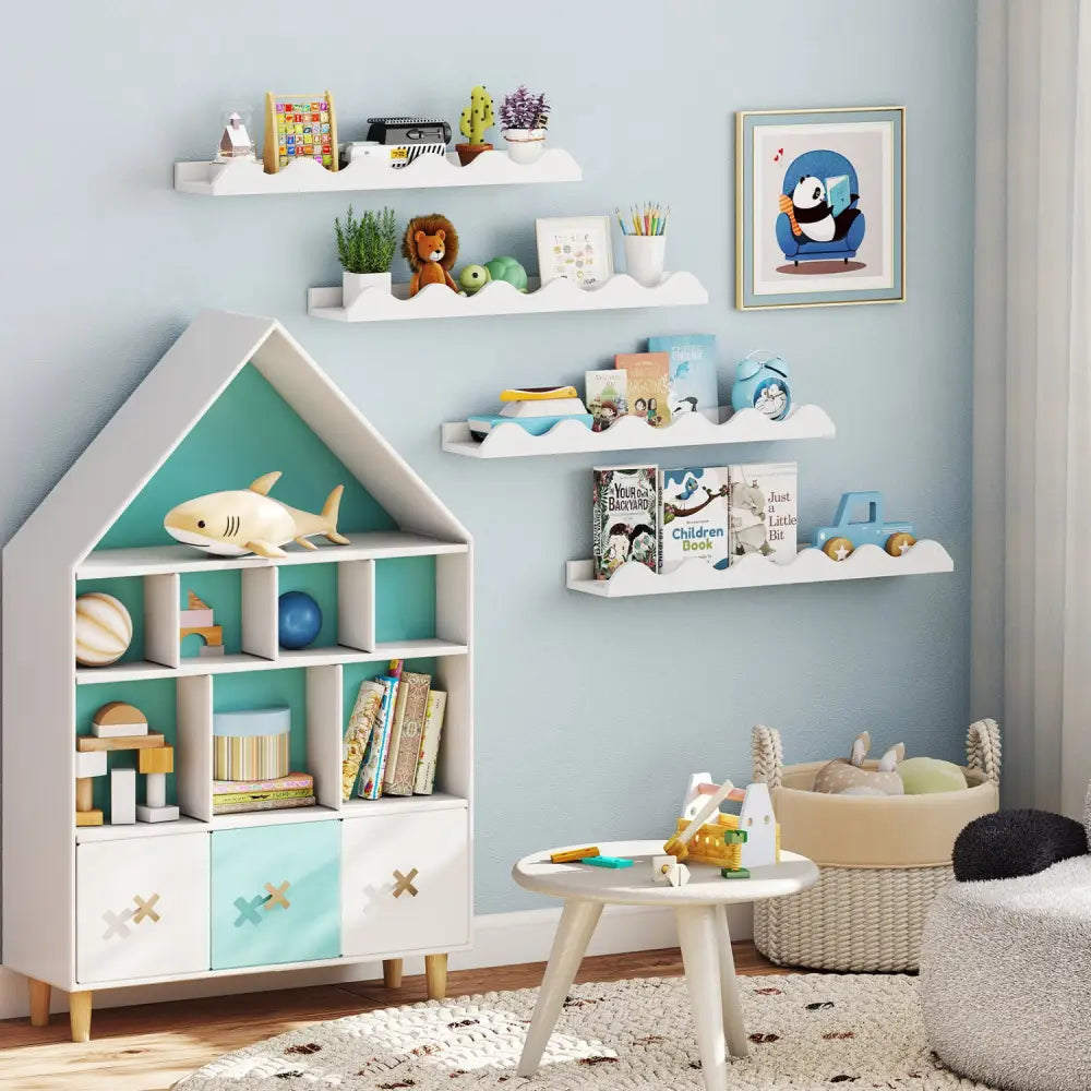 24 Inch Kids Bookshelf Set of 4 Wall-Mounted Picture Ledge Shelf-White - White - Bookcases