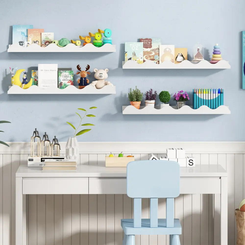 24 Inch Kids Bookshelf Set of 4 Wall-Mounted Picture Ledge Shelf-White - White - Bookcases