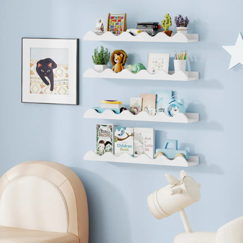 24 Inch Kids Bookshelf Set of 4 Wall-Mounted Picture Ledge Shelf-White - White - Bookcases