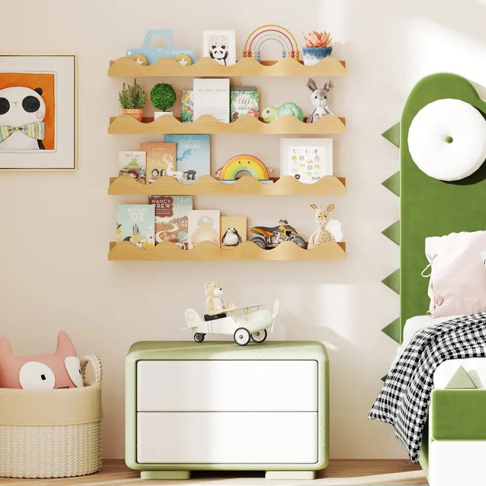24 Inch Kids Bookshelf Set of 4 Wall-Mounted Picture Ledge Shelf-Natural - Natural - Bookcases
