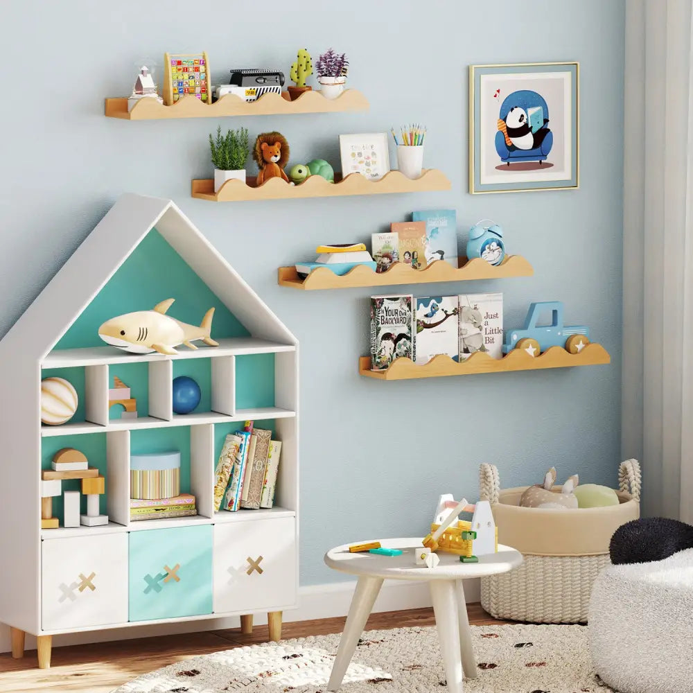 24 Inch Kids Bookshelf Set of 4 Wall-Mounted Picture Ledge Shelf-Natural - Natural - Bookcases