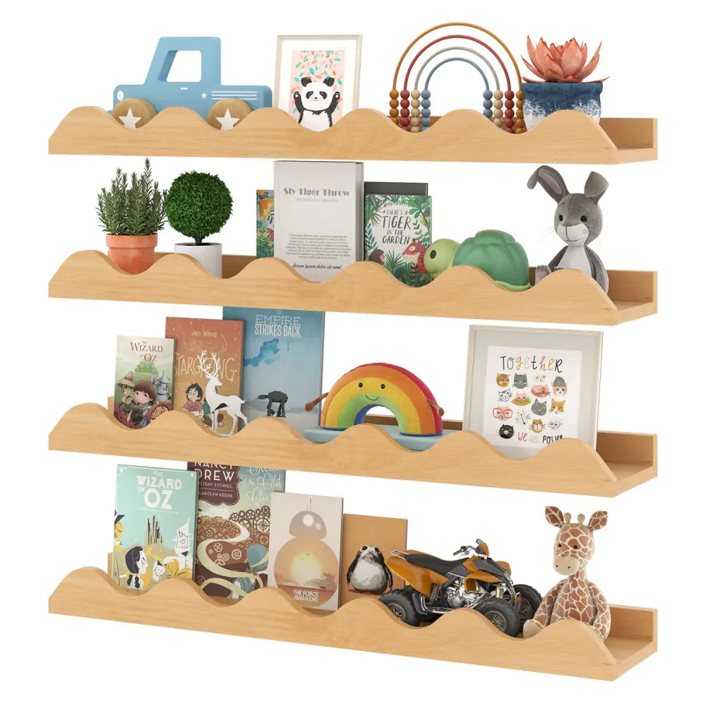 24 Inch Kids Bookshelf Set of 4 Wall-Mounted Picture Ledge Shelf-Natural - Natural - Bookcases