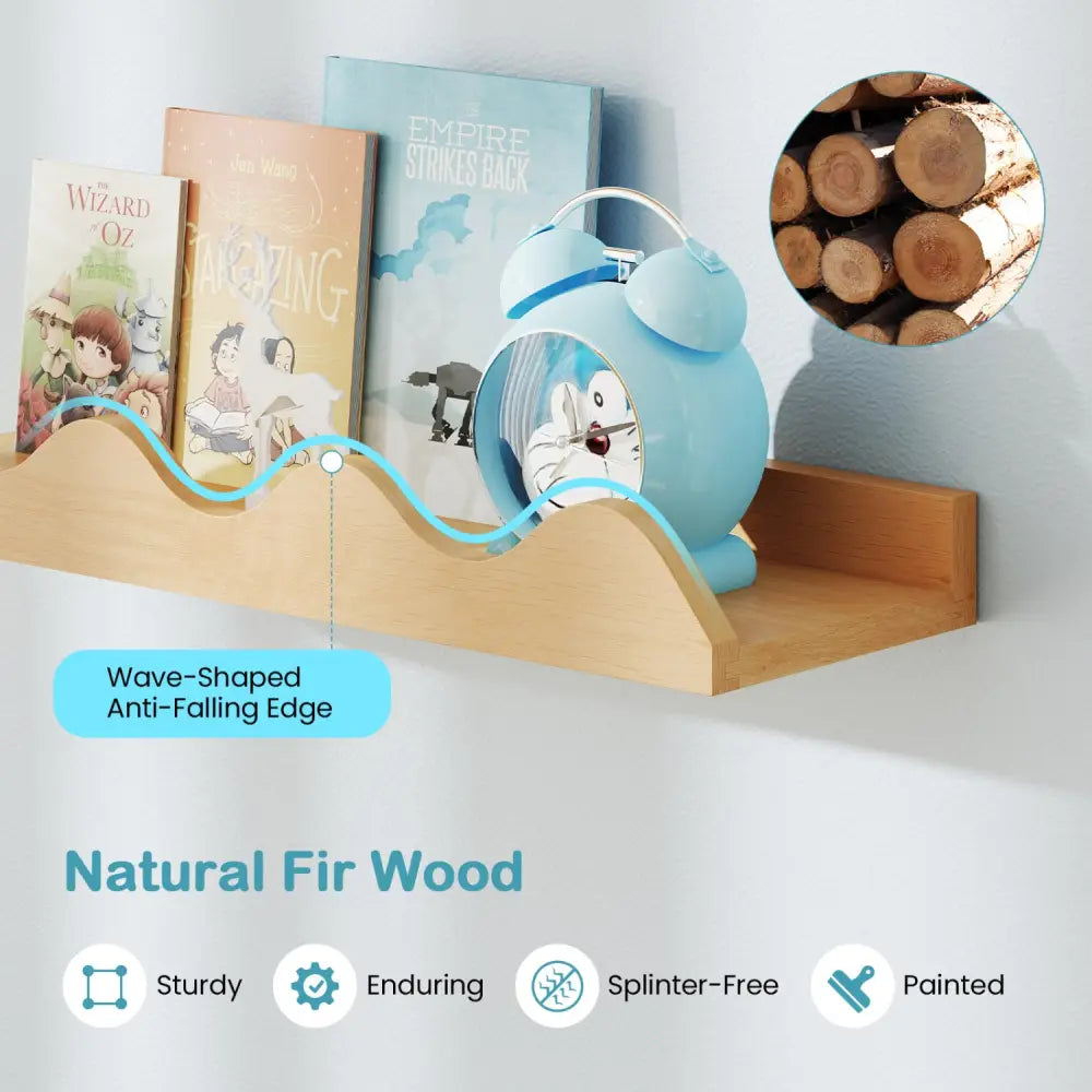 24 Inch Kids Bookshelf Set of 4 Wall-Mounted Picture Ledge Shelf-Natural - Natural - Bookcases