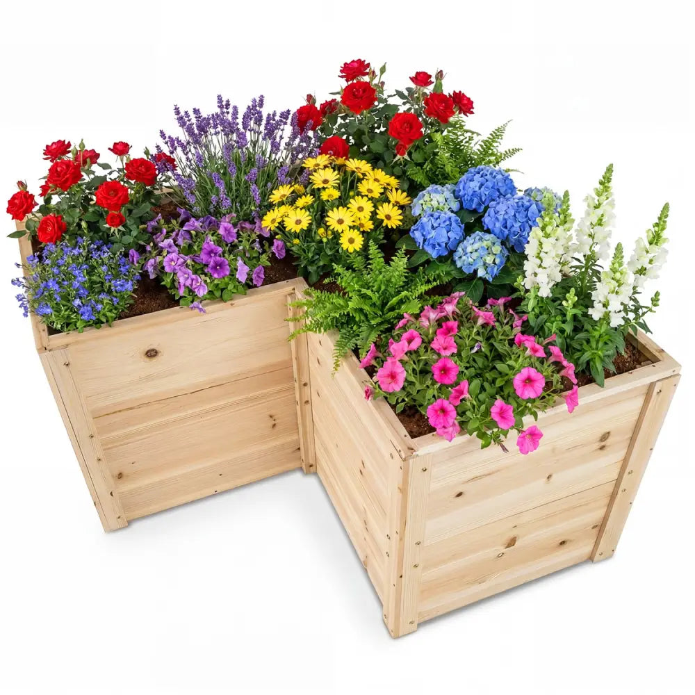 24 Inch L-Shaped Wooden Raised Garden Bed with Open-Ended Base-Natural - Natural - Raised Garden Beds