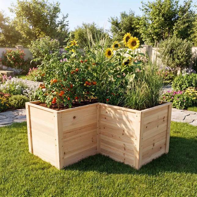 24 Inch L-Shaped Wooden Raised Garden Bed with Open-Ended Base-Natural - Natural - Raised Garden Beds
