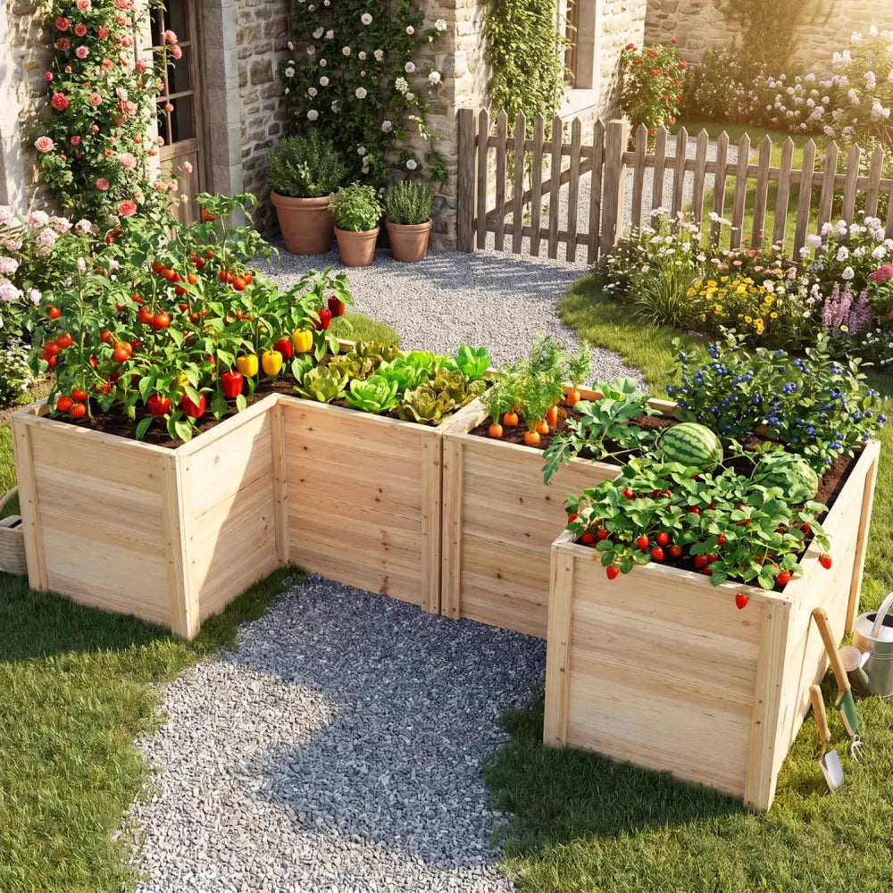 24 Inch L-Shaped Wooden Raised Garden Bed with Open-Ended Base-Natural - Natural - Raised Garden Beds