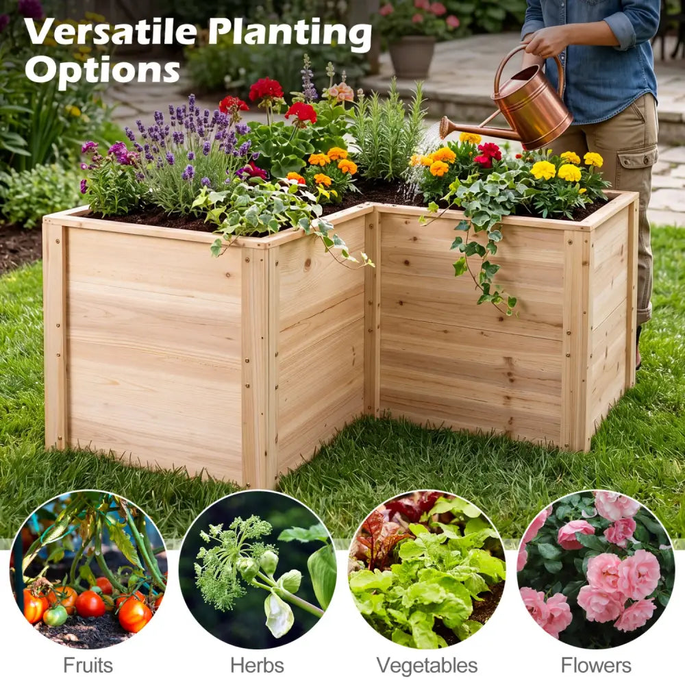 24 Inch L-Shaped Wooden Raised Garden Bed with Open-Ended Base-Natural - Natural - Raised Garden Beds