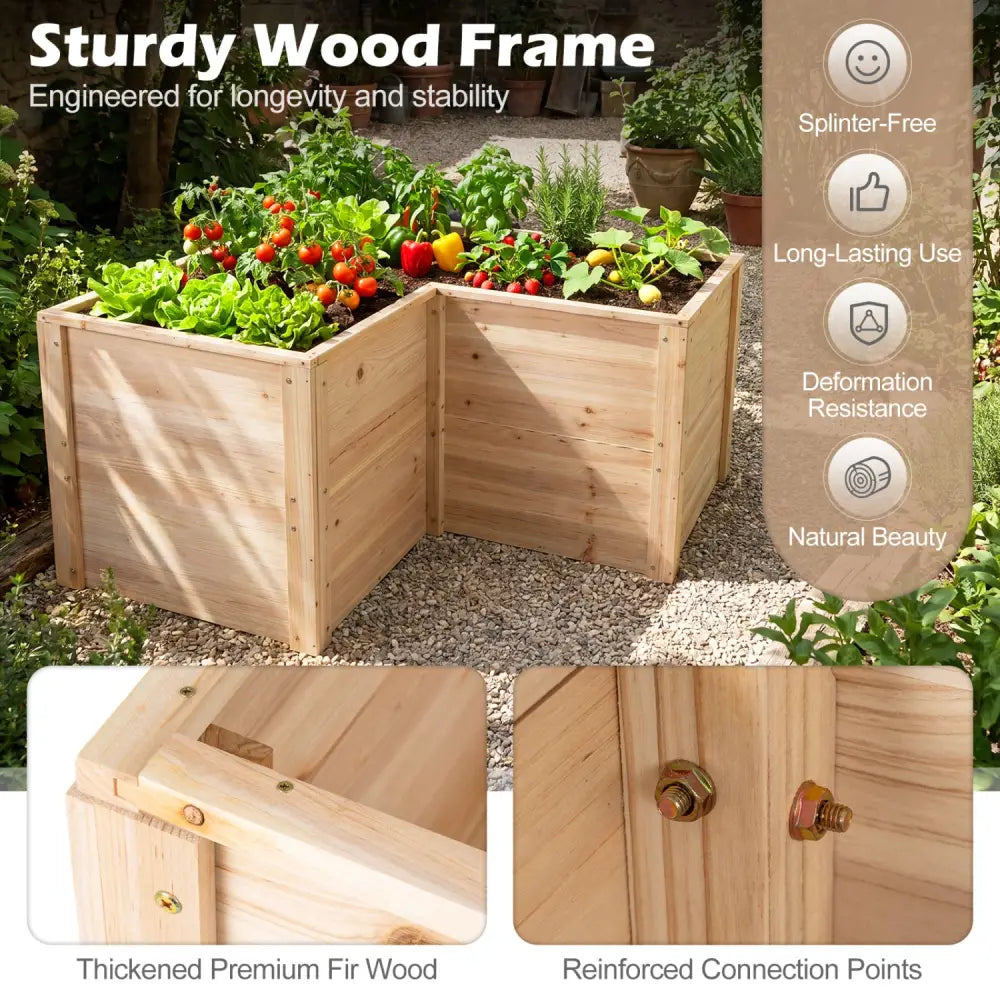 24 Inch L-Shaped Wooden Raised Garden Bed with Open-Ended Base-Natural - Natural - Raised Garden Beds