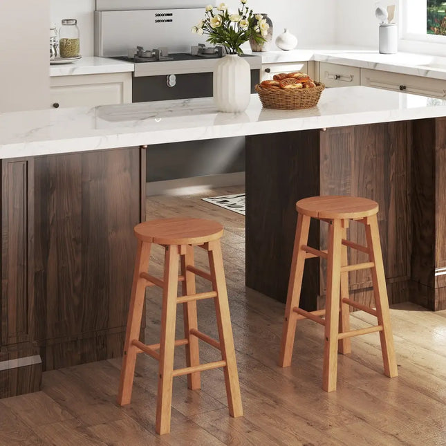 24-Inch Outdoor Wood Bar Stools Set of 2 with Round Seat and Footrest - Patio Bar Furniture