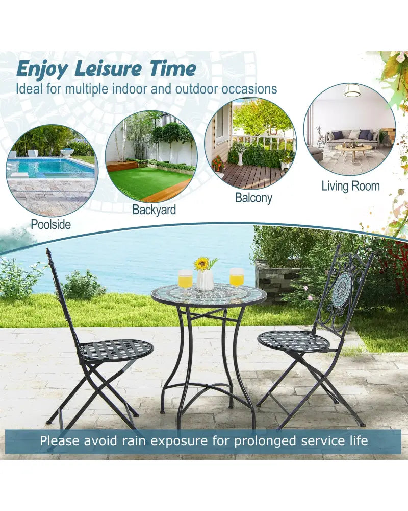 24 Inch Patio Bistro Table with Ceramic Tile Tabletop-Blue - Blue - Patio Coffee Tables