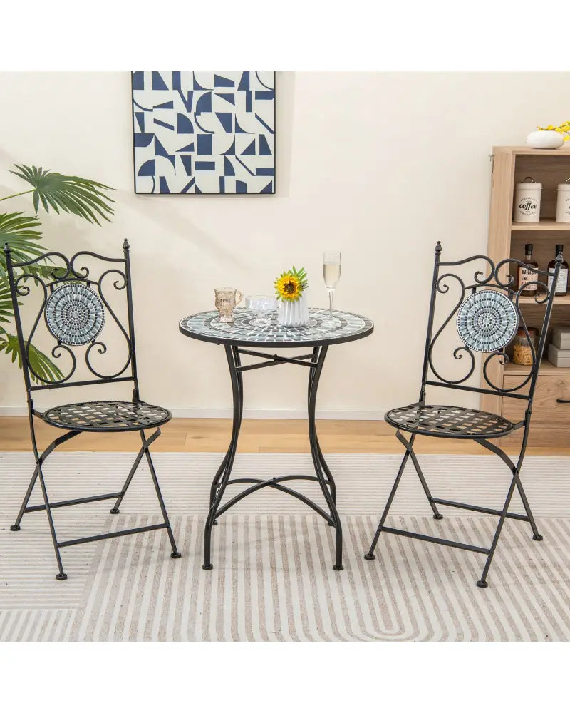 24 Inch Patio Bistro Table with Ceramic Tile Tabletop-Blue - Blue - Patio Coffee Tables