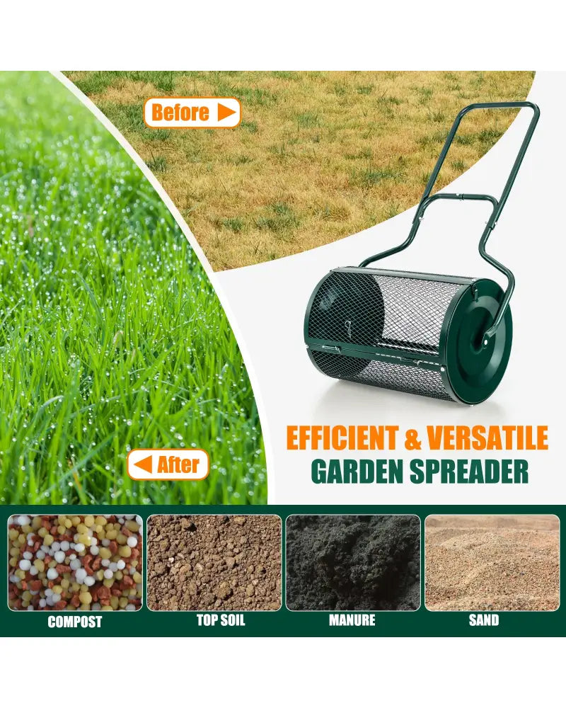 24-Inch Peat Moss Spreader with Upgrade Side Latches and U-shape Handle-Green - Green - Lawn Care Tools