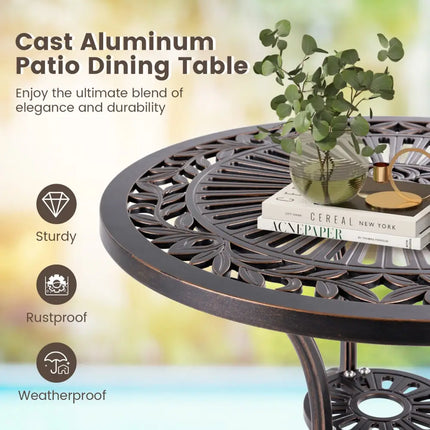 24 Inch Round Cast Aluminum Table Patio Dining Bistro Table with 2 Inch Umbrella Hole-Copper - Copper - Patio Dining