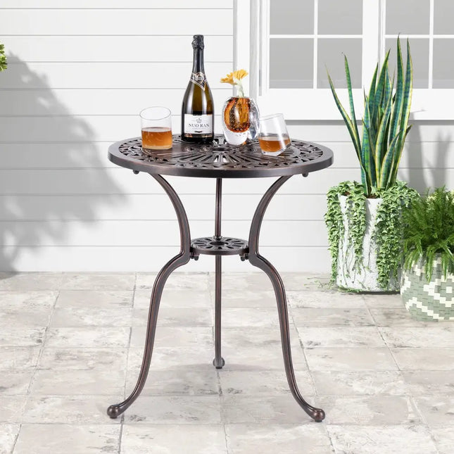 24 Inch Round Cast Aluminum Table Patio Dining Bistro Table with 2 Inch Umbrella Hole-Copper - Copper - Patio Dining