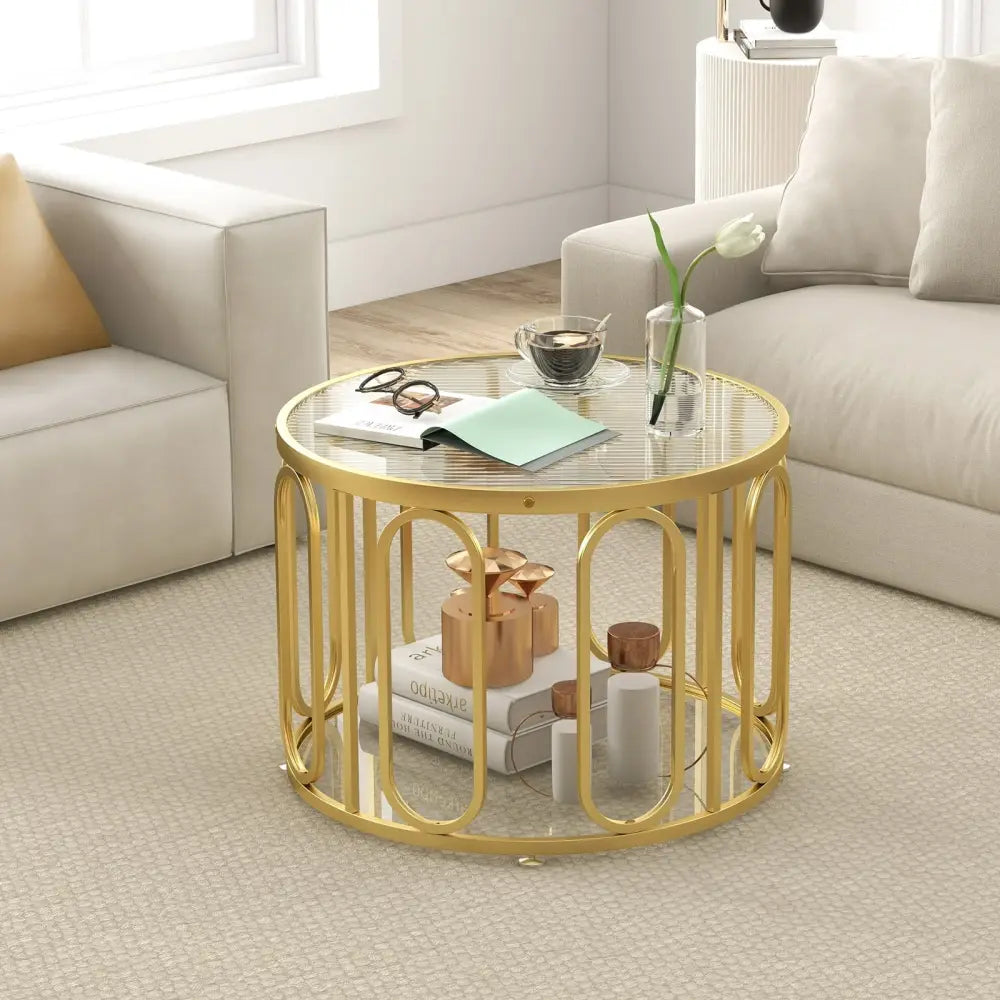 24 Inch Round Coffee Table with Reeded Tempered Glass Top and Oval Swivel Brackets-Golden - Golden - Coffee Tables