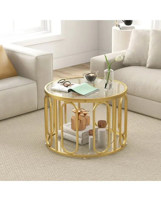 24 Inch Round Coffee Table with Reeded Tempered Glass Top and Oval Swivel Brackets-Golden - Golden - Coffee Tables