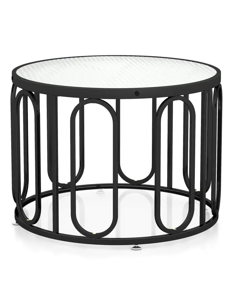 24 Inch Round Coffee Table with Reeded Tempered Glass Top and Oval Swivel Brackets-Black - Black - Coffee Tables