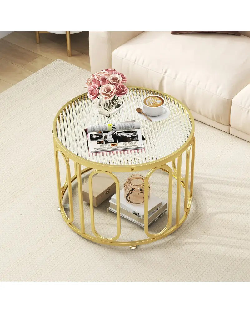24 Inch Round Coffee Table with Reeded Tempered Glass Top and Oval Swivel Brackets-Golden - Golden - Coffee Tables
