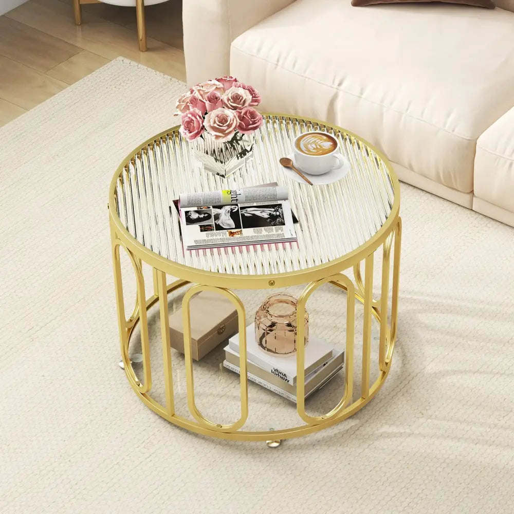 24 Inch Round Coffee Table with Reeded Tempered Glass Top and Oval Swivel Brackets-Golden - Golden - Coffee Tables
