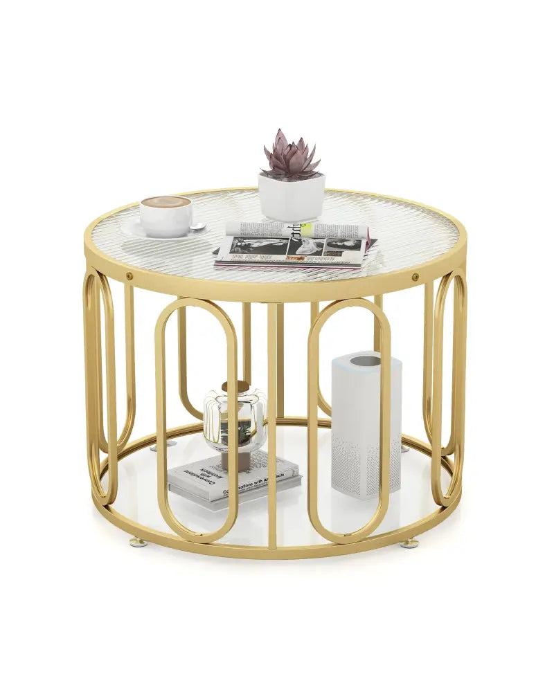 24 Inch Round Coffee Table with Reeded Tempered Glass Top and Oval Swivel Brackets-Golden - Golden - Coffee Tables