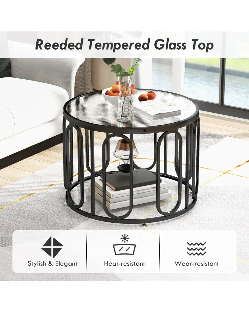 24 Inch Round Coffee Table with Reeded Tempered Glass Top and Oval Swivel Brackets-Black - Black - Coffee Tables