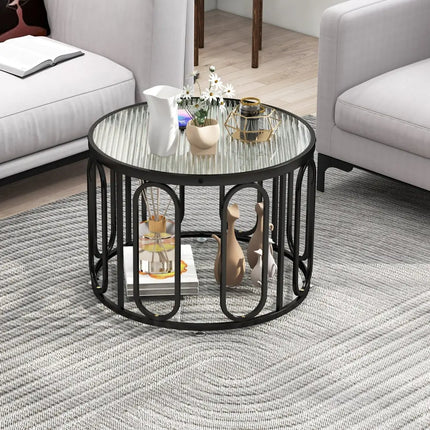 24 Inch Round Coffee Table with Reeded Tempered Glass Top and Oval Swivel Brackets-Black Costway