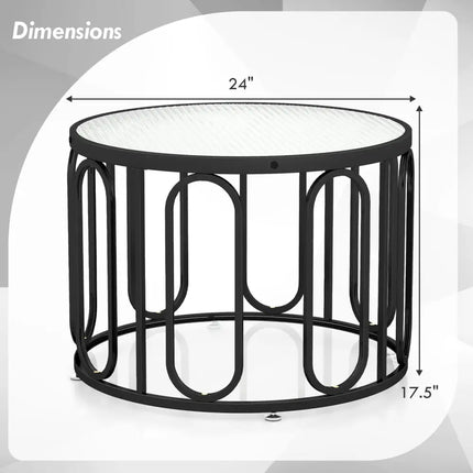 24 Inch Round Coffee Table with Reeded Tempered Glass Top and Oval Swivel Brackets-Black Costway