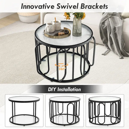 24 Inch Round Coffee Table with Reeded Tempered Glass Top and Oval Swivel Brackets-Black Costway