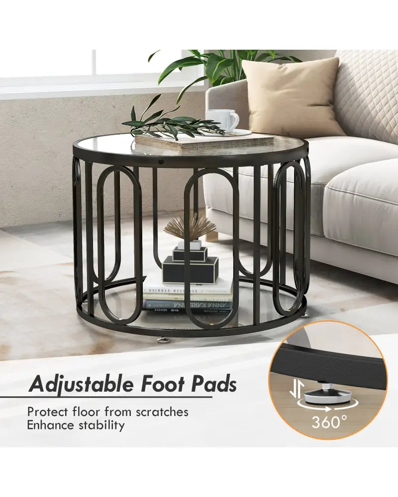24 Inch Round Coffee Table with Reeded Tempered Glass Top and Oval Swivel Brackets-Black - Black - Coffee Tables