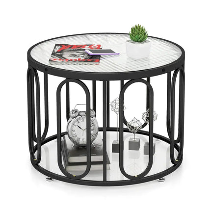 24 Inch Round Coffee Table with Reeded Tempered Glass Top and Oval Swivel Brackets-Black Costway