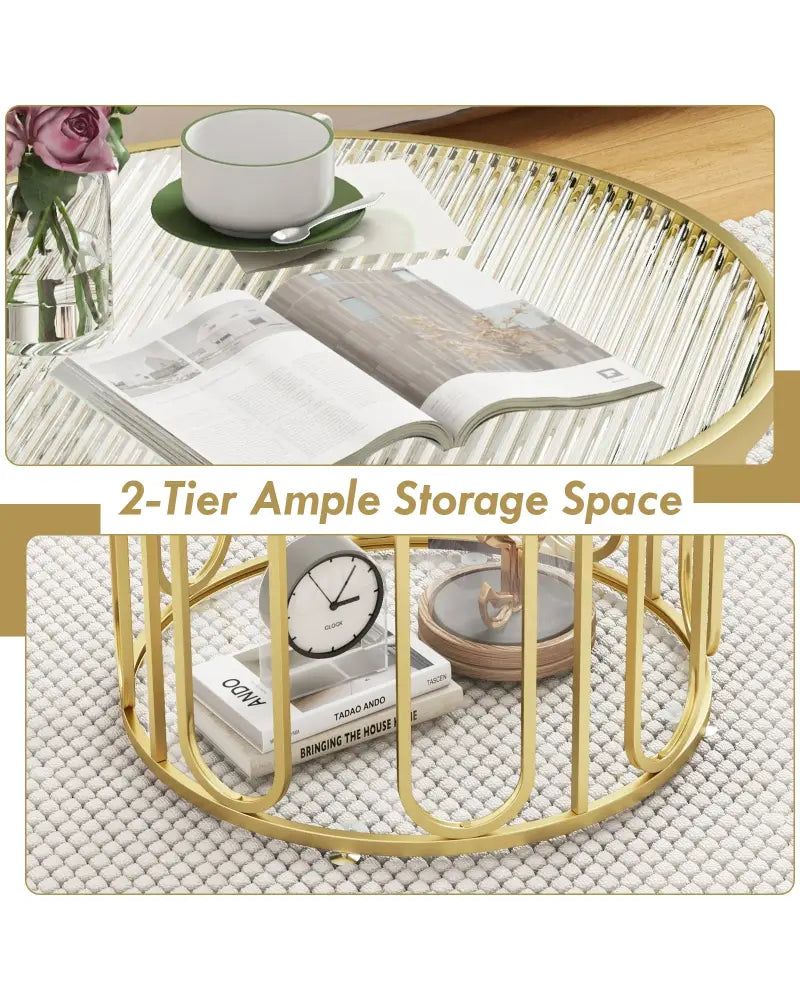 24 Inch Round Coffee Table with Reeded Tempered Glass Top and Oval Swivel Brackets-Golden - Golden - Coffee Tables