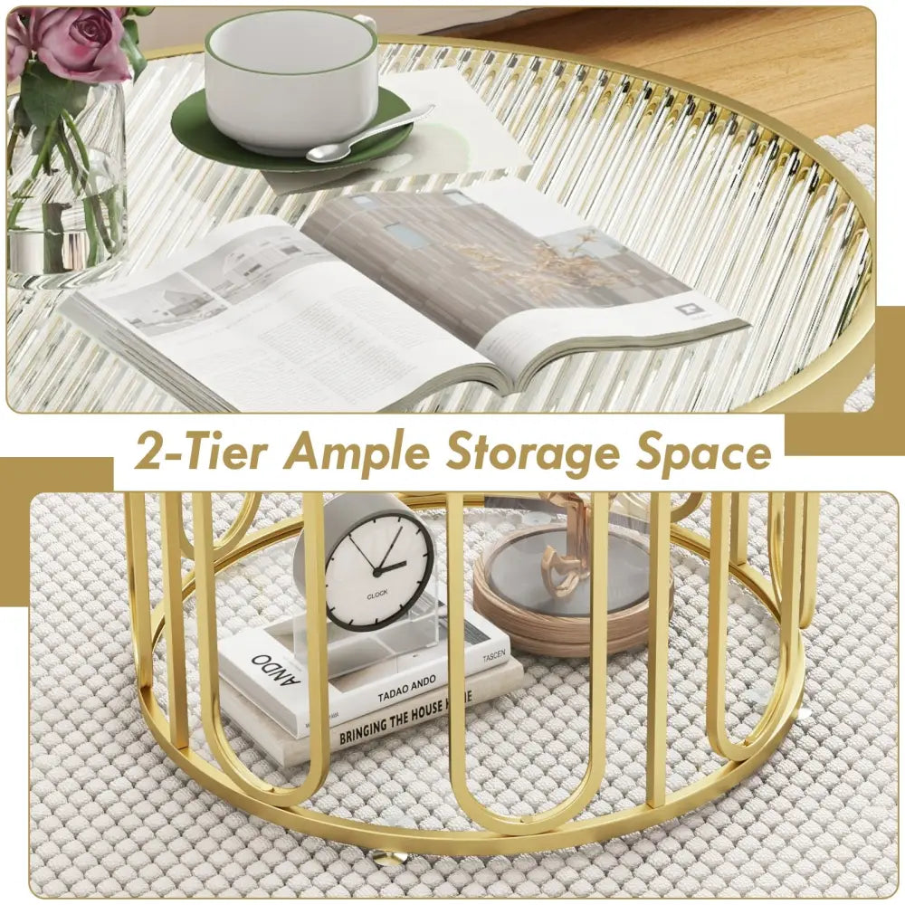24 Inch Round Coffee Table with Reeded Tempered Glass Top and Oval Swivel Brackets-Golden - Golden - Coffee Tables