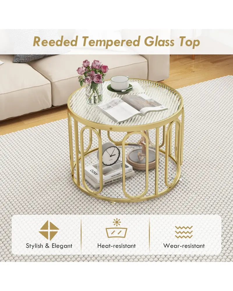 24 Inch Round Coffee Table with Reeded Tempered Glass Top and Oval Swivel Brackets-Golden - Golden - Coffee Tables