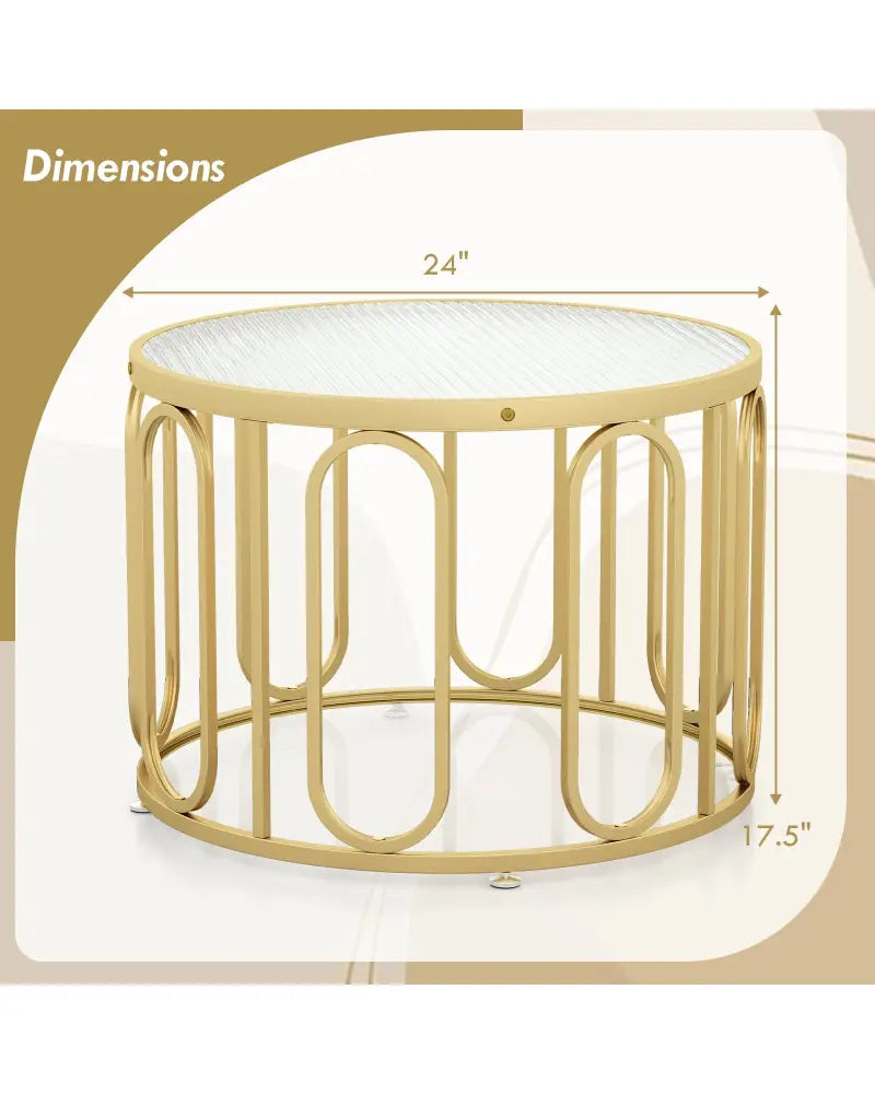 24 Inch Round Coffee Table with Reeded Tempered Glass Top and Oval Swivel Brackets-Golden - Golden - Coffee Tables
