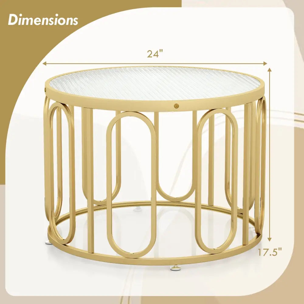 24 Inch Round Coffee Table with Reeded Tempered Glass Top and Oval Swivel Brackets-Golden - Golden - Coffee Tables