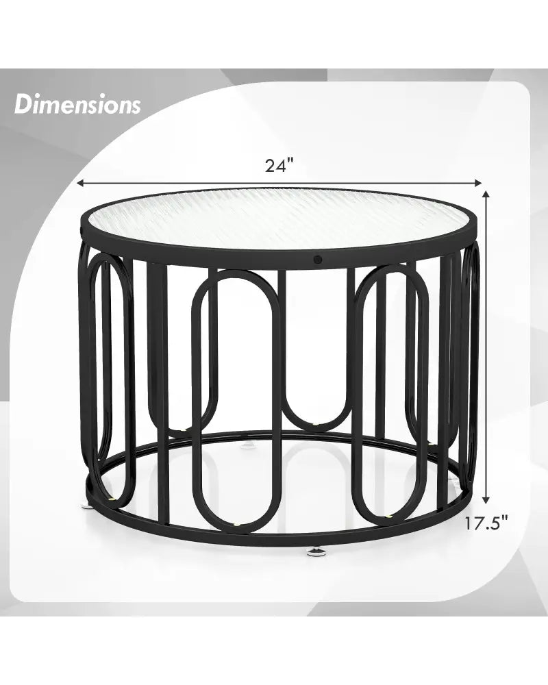 24 Inch Round Coffee Table with Reeded Tempered Glass Top and Oval Swivel Brackets-Black - Black - Coffee Tables