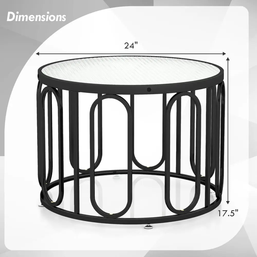 24 Inch Round Coffee Table with Reeded Tempered Glass Top and Oval Swivel Brackets-Black - Black - Coffee Tables