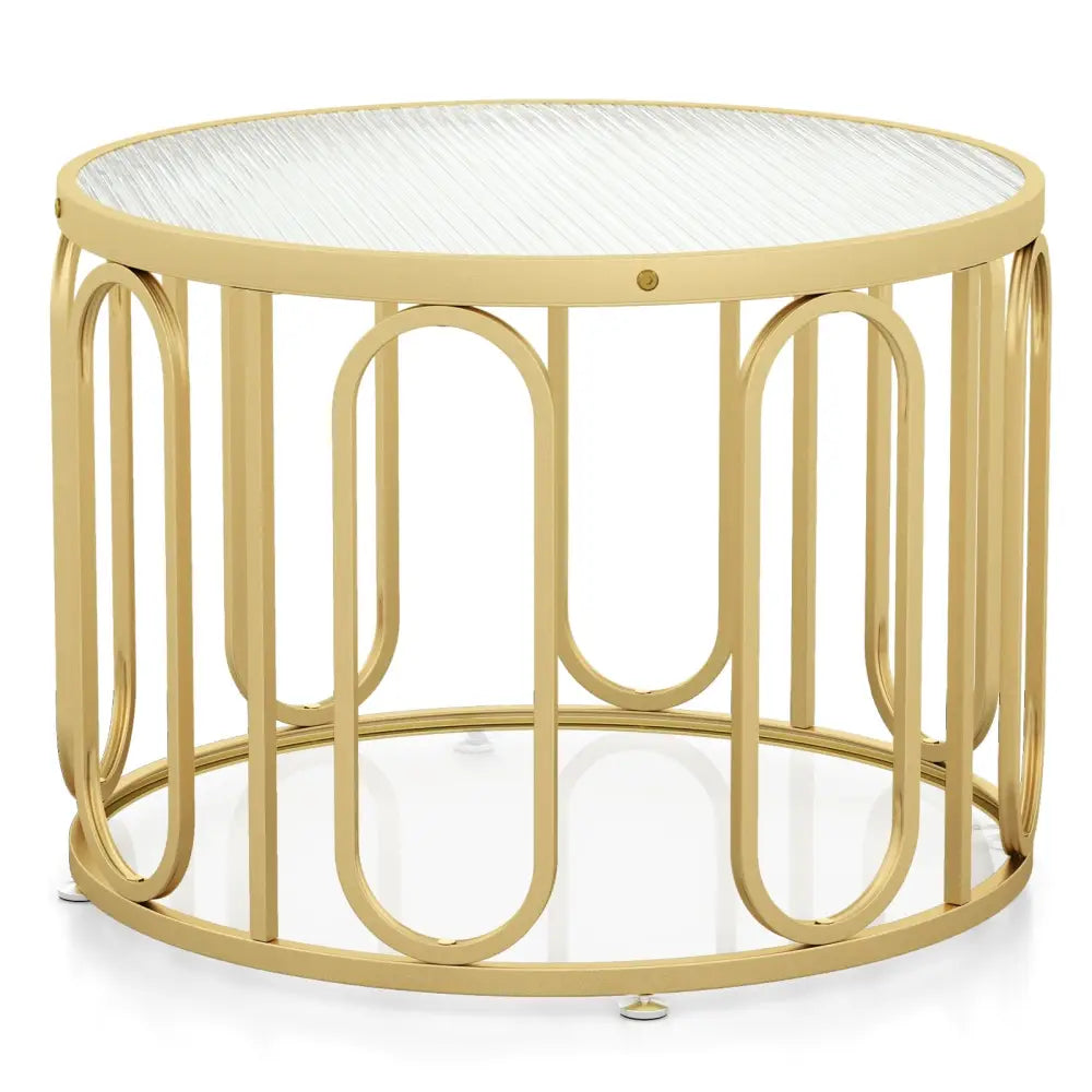 24 Inch Round Coffee Table with Reeded Tempered Glass Top and Oval Swivel Brackets-Golden - Golden - Coffee Tables