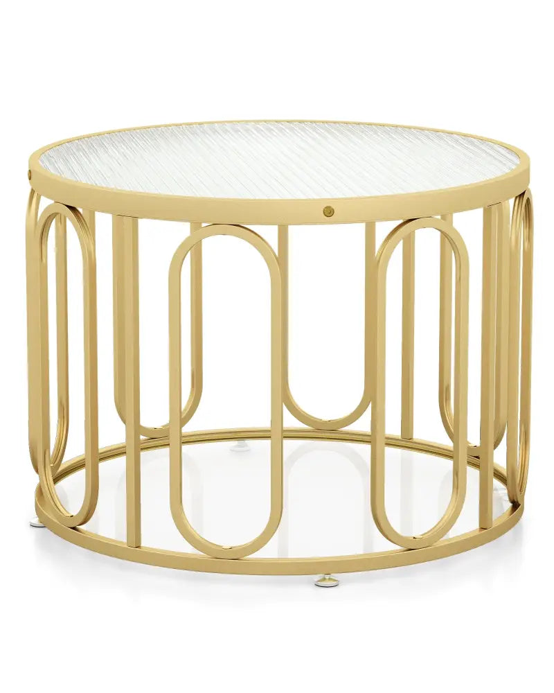 24 Inch Round Coffee Table with Reeded Tempered Glass Top and Oval Swivel Brackets-Golden - Golden - Coffee Tables