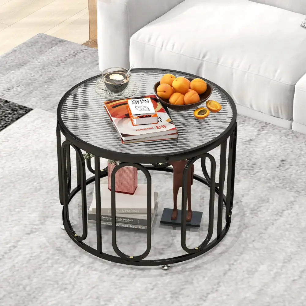 24 Inch Round Coffee Table with Reeded Tempered Glass Top and Oval Swivel Brackets-Black - Black - Coffee Tables