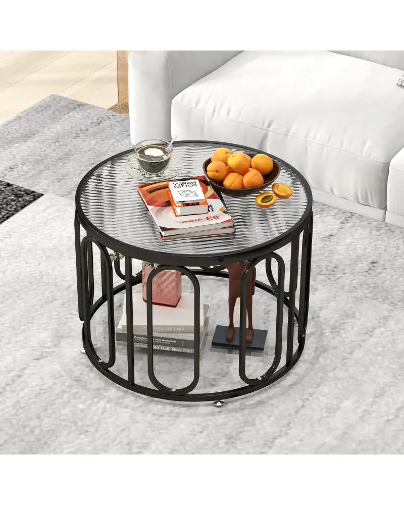 24 Inch Round Coffee Table with Reeded Tempered Glass Top and Oval Swivel Brackets-Black - Black - Coffee Tables